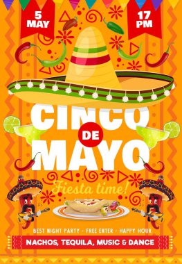 Meksika sembollü Cinco de Mayo vektör broşürü sombrero şapkası ve limonlu tekila, kırmızı chili japeno biberli mariachis gitar çalıyor. Çizgi film Cinco de Mayo fiesta daveti