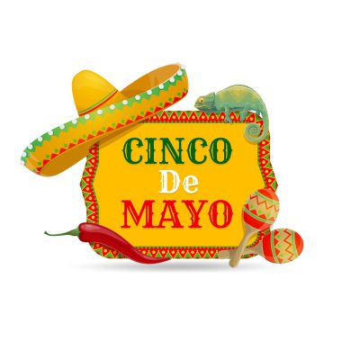 Geleneksel Meksika sembolleri olan Cinco de Mayo vektör ikonu sombrero şapkası, bukalemun, marakas ve kırmızı acı biber. Cinco de Mayo karikatürü Meksika ulusal bayramı izole rozet veya etiket