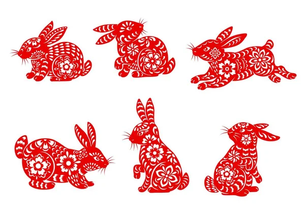 中国の旧正月ウサギはアジアの黄道帯の動物のベクトルのアイコンを単離した 東洋紙切り花の装飾と旧暦のホロスコープの赤い紙のウサギ 中国の旧正月のデザイン — ストックベクタ