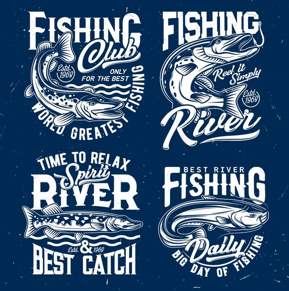 Rio Pesca Pegar Shirt Modelo Impressão Com Lúcio Norte Pulando — Vetor de Stock
