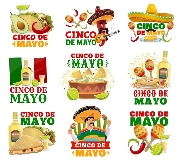 Cinco Mayo Food Sombrero Maracas Vector Icons Mexican Holiday Fiesta — Archivo Imágenes Vectoriales