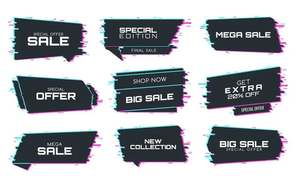 Sale Labels Glitch Effect Vector Promo Icons Special Edition Mega — Stock Vector