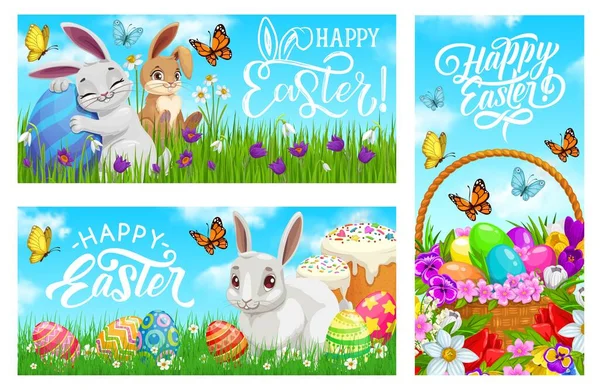 Счастливые Пасхальные Векторные Баннеры Мультяшные Кролики Раскрашенными Яйцами Лугу Зелеными — стоковый вектор