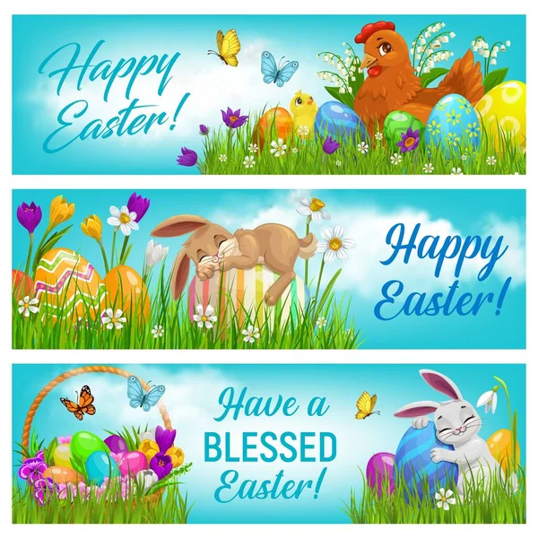 Happy Easter Cartoon Vector Banners Set Bunnies Chicken Chicks Painted — Stock Vector