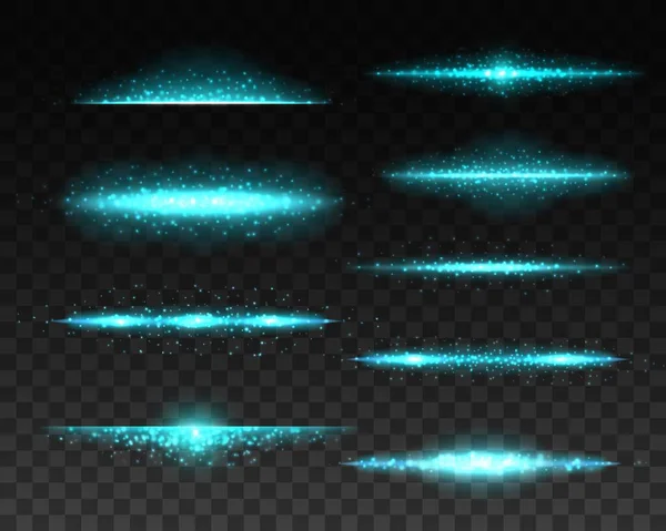 ライトフレアライン魔法の輝きセット 光る粒子 青い光線 またはファンタジービームを光沢のある現実的なベクトルで輝く線 標準的なグレア エネルギートレイル光効果設計要素 — ストックベクタ