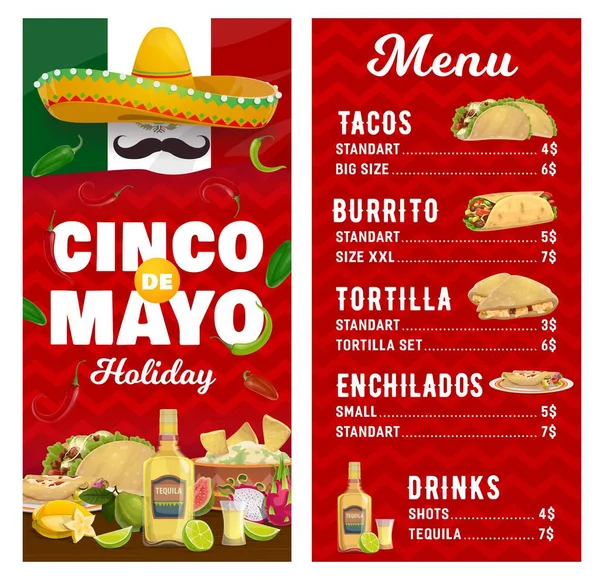 Menu Vetor Férias Mexicano Cinco Mayo Feriados Refeições Tacos Burroto — Vetor de Stock