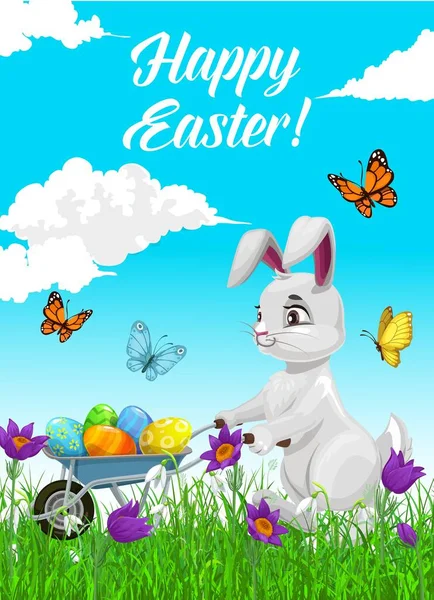 Happy Easter Holiday Vector Poster White Rabbit Pushing Wheelbarrow Full — Stock Vector