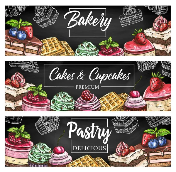 Sobremesas Bolo Pastelaria Doces Padaria Esboçam Banners Vetoriais Patisserie Café — Vetor de Stock