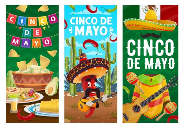 Cinco Mayo Vector Jalapeño Chile Músico Sombrero Tocando Guitarra Comida — Archivo Imágenes Vectoriales