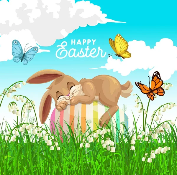 아름다운 토끼가 나비와 들판에 위에서 부활절 포스터 만화에는 토끼와 꽃으로 — 스톡 벡터