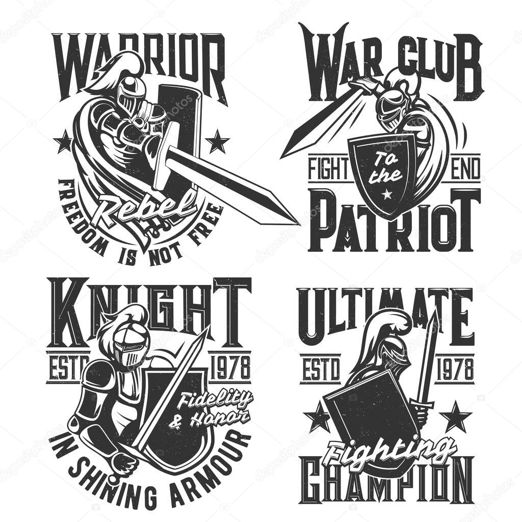 Tshirt print with knights hold shield and sword vector mascot, medieval warrior in helmet attack. Monochrome apparel design labels with warriors and typography, isolated t shirt prints for war club