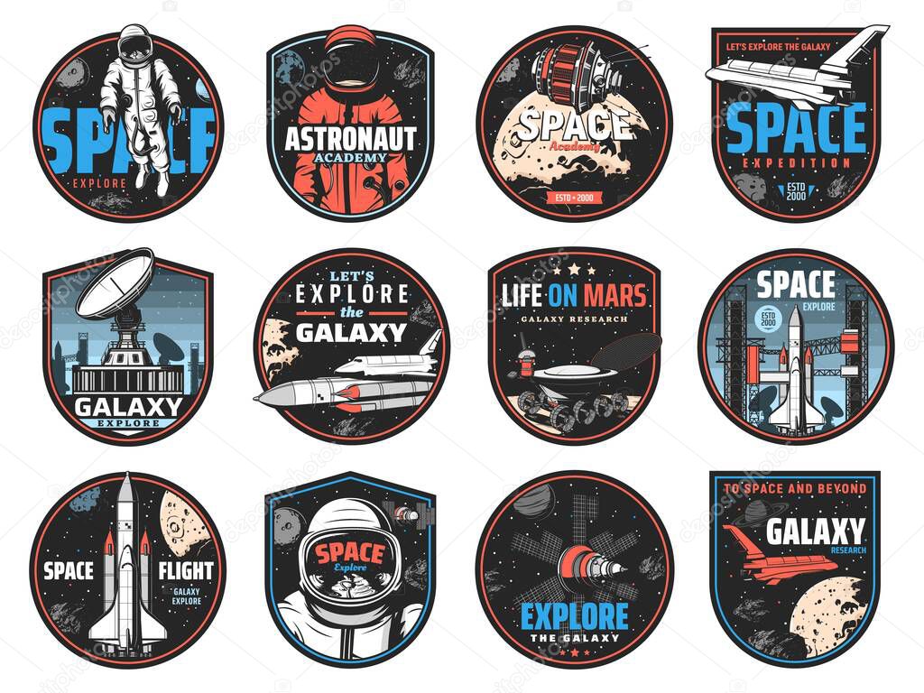 Space retro badges with vector astronauts, spaceships and universe galaxy planets. Rocket launch, satellite and shuttle, Earth, Moon and star, spaceman, spacesuit, helmet and lunar rover icons