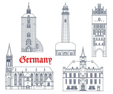 Almanya, Schleswig Holstein, Mecklenburg Pomerania 'nın mimari vektör simgelerini, Alman şehir binalarını simgeler. Fehmarn ve Kalkar 'daki Aziz Nikolai Kilisesi, Fluegge deniz feneri ve Anklam Steintor kapıları