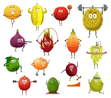 Egzotik meyve çizgi film karakterleri spor egzersizleri yapıyor. Vektör taze meyve, elma, portakal, papaya ve üzüm, durian, incir, şeftali ve feijoa, karambola ve liçya, spor ve spor tasarımı