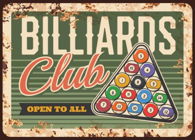Bilardo bilardo kulübü, metal plaka paslı ya da masada topları olan vektör retro posterli. Bilardo bilardo kulübü turnuvası ve spor müsabakası paslı metal plaka.