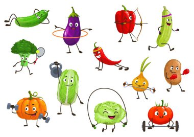 Sebze sporcuları, izole vektör brokoli, kabak ve soğan, patates, dolmalık biber ve biberli ve kabaklı patlıcan. Domates, salatalık karikatürü sebzeler sağlıklı yaşam tarzı ve spor çizgi film ikonları.