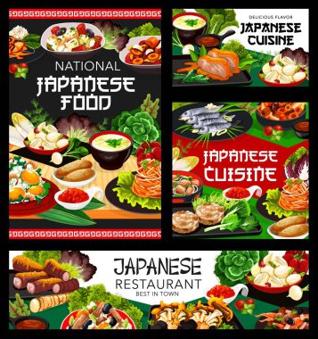 Japon yemek restoranı, kafe yemekleri posterleri. Patates püresi, temari sushi ve burdock kökü, ginkgo pilavı, kızarmış tofu ve şalgam salatası, acı biberli kızarmış tavuk, nikomi udon ve kakigori vektörü.