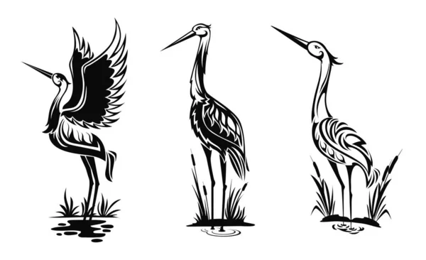 ヘロンまたはウエーダー鳥のベクトルのアイコンは 黒のヘロンのシルエットは 湿地帯の白い側のビューの波に分離葦と沼の水の中に立つ タトゥーデザインのための華やかな体を持つ挨拶 モノクロのエンブレムセット — ストックベクタ