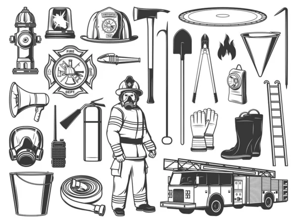 Пожарные Инструменты Оборудование Выгравированы Иконки Пожарный Защитной Форме Шлем Противогаз — стоковый вектор