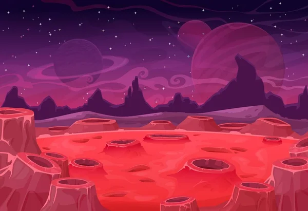 外星行星矢量景观 红色火星地面上有陨石坑和土星或木星在紫色星空 幻想自然背景 火星外星电脑游戏场景 卡通背景 — 图库矢量图片