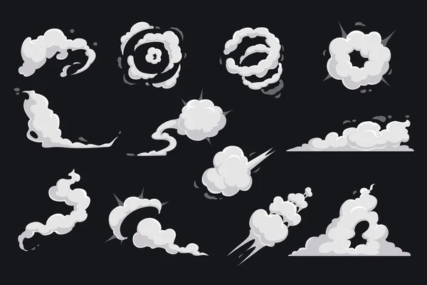 漫画本の煙と爆発ベクトルデザインの漫画雲 塵の速度歩道 雲のパフと蒸気 火災爆発 煙と煙の流れの運動効果黒の背景に — ストックベクタ