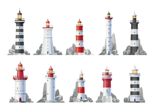 Faro Náutico Edificios Aislados Iconos Vectoriales Faro Mar Torres Luz — Archivo Imágenes Vectoriales