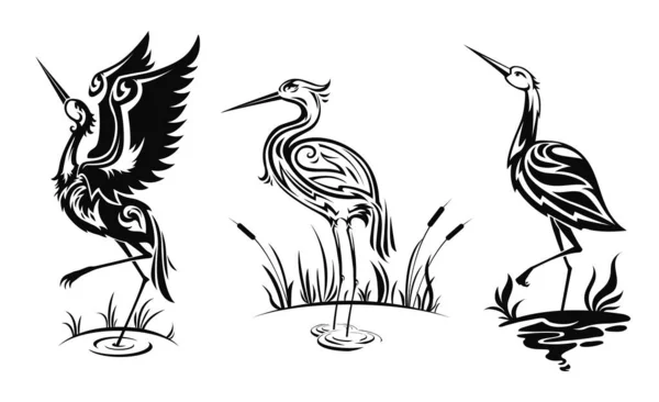 Heron Wader Birds Vector Icons Black Hern Silhouettes Stand Swamp — Stock Vector