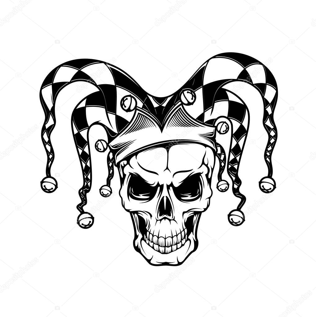 Tshirt print with joker skull, vector mascot for apparel design. T shirt print, tattoo monochrome grin cranium in fool checkered headdress with bells, isolated black emblem, label on white background