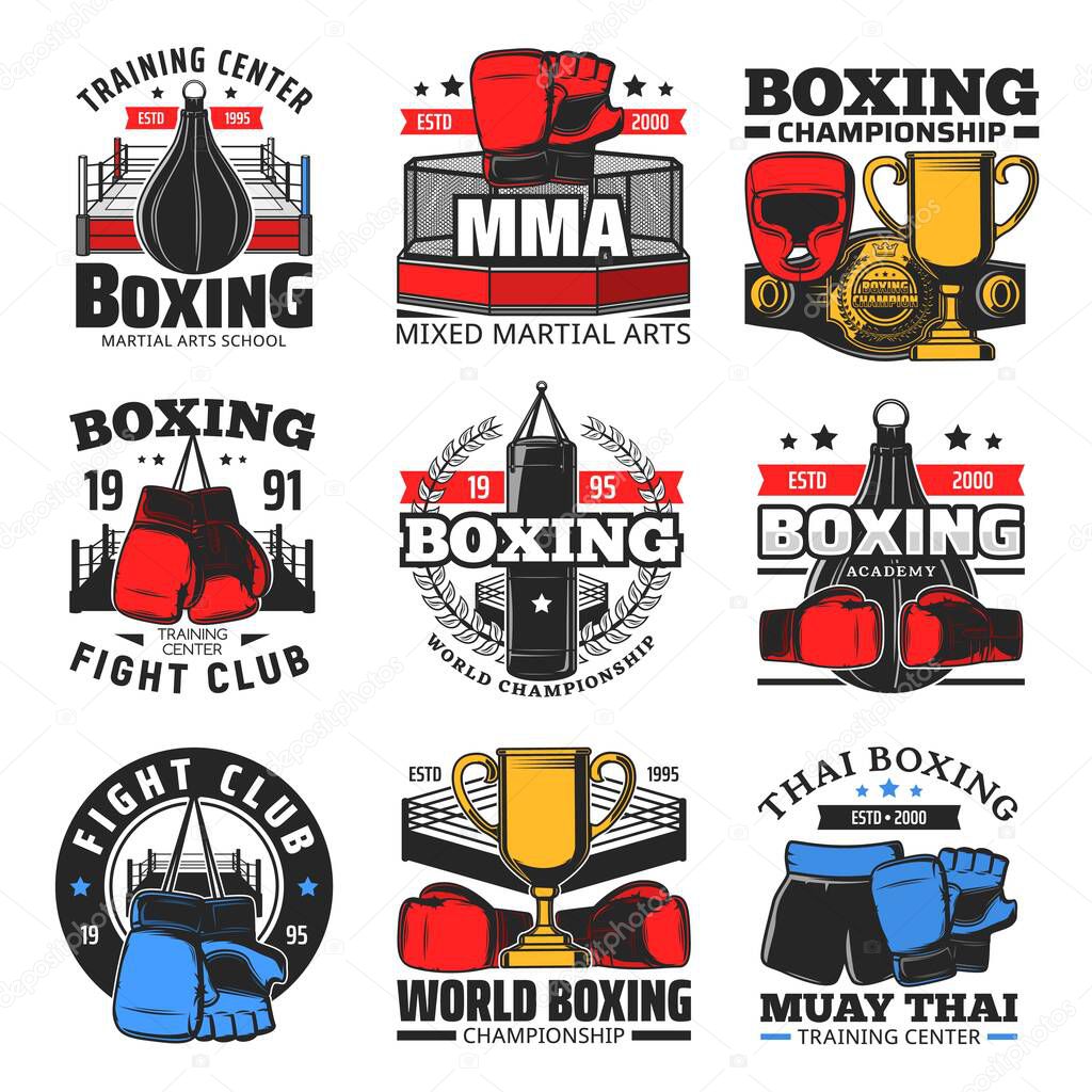 Boxing championship, MMA fight club and martial arts school emblems. Mixed martial arts academy, Muay Thai training center icon. Boxing gloves and headgear, punching bag, winner cup and ring vector