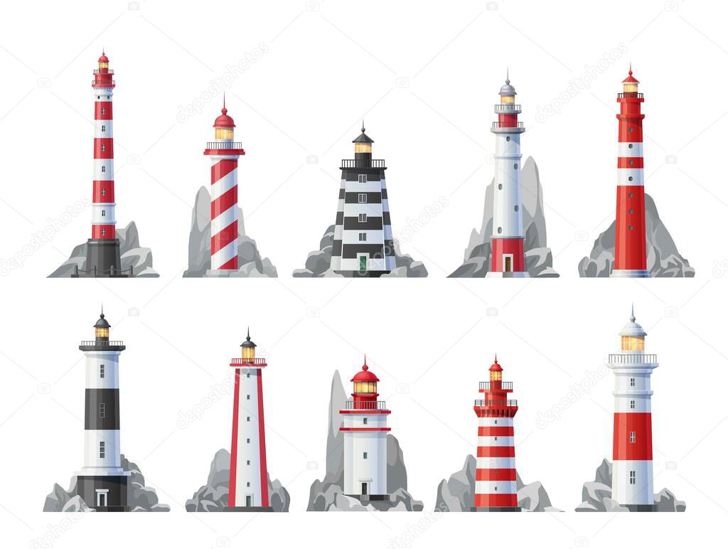 Lighthouse vector icons set of nautical towers with beacon lights. Sea coast or ocean beach rocks and lighthouse buildings with blue, red, white stripes and searchlight beams isolated symbols