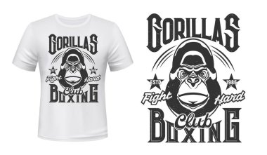 Gorilla tişört modeli, boks dövüş kulübü vektör amblemi. Kızgın goril kutu maskotu ya da kickboks klubü. Gömlek baskısı için sert dövüş sloganı.