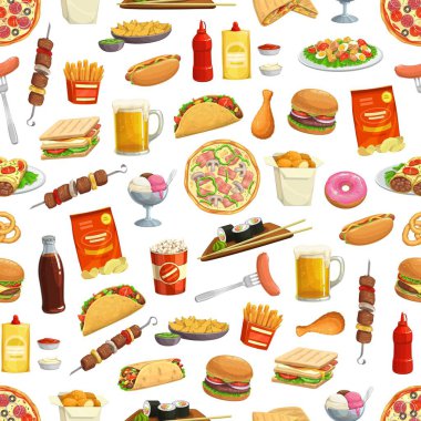 Hamburgerlerin, sandviçlerin ve pizzaların hızlı yemek kalıpları, vektörsüz fast food. Hamburger, içecek ve sosisli menü, tatlı ve patates kızartması, çizburger, suşi, taco ve burrito şablonu