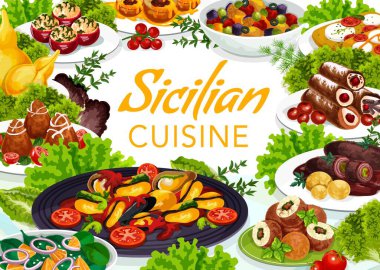 Sicilya mutfağı scaccia vektörü ve domates dolması, caciovallo ve caponata. Pesto soslu pirzola, etli arancini, rulo biftek, fırında şeftali ve midye. Sicilya yemek posteri