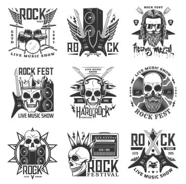Rock müzik festivali, canlı gösteri ikonları. Boynuzlu insan kafatası, sakal ve punk spike mohawk saç kesimi, taç, elektro gitar, hoparlör ve davul vektörü. Hard rock, heavy metal amblemi