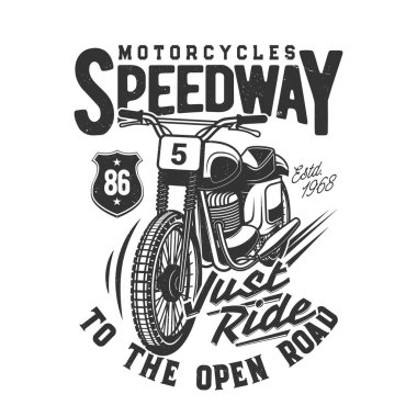 Eski model off-road motorlu tişört izi, spor takımı giysi tasarımı vektör modeli. Typography yarış pisti ile tek renkli tişört baskısı, beyaz arkaplanda izole edilmiş siyah grunge amblemi veya etiketi