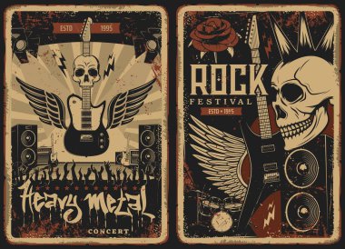 Hard rock konseri, vektör kafatası ve elektro gitarlı retro posterleri. Punk grubu müzik festivali gösterisi izleyicilerle sahnede. Kanatlı amfi, dinamik ve gül çiçekli ağır metal vintage grunge kartları