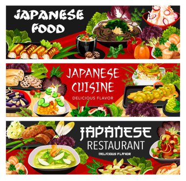 Japon yemekleri menüsü ve yemekleri, Japonya Asya restoranlarının afişleri. Tavuk, karides, deniz ürünleri ve sebzeli Japon eriştesi kızarmış soğan ve daikon salatası.