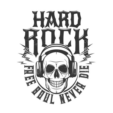 Tişört izi kafatası, kulaklık, müzik, kıyafet tasarımı için vektör maskotu. Hard Rock kulübü için tişört baskısı. Rock konseri için tipografi amblemi, heavy metal festivali izole etiketi