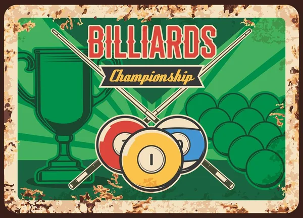 Billiards Championship Rusty Metal Plate Vector Balls Crossed Cues Winner — Stock Vector