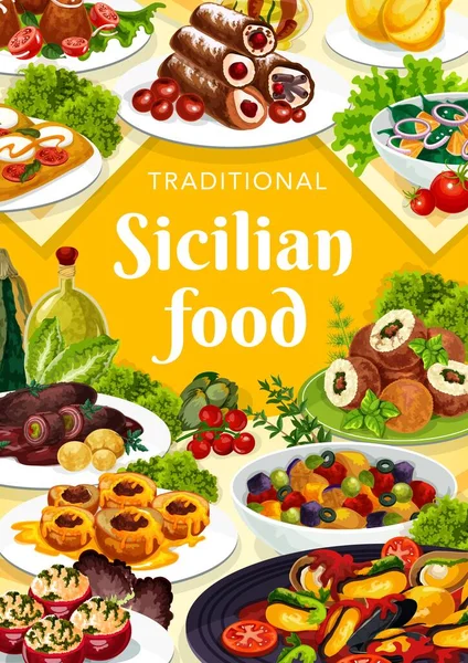 Sizilianische Lebensmittel Vektor Gefüllte Tomaten Caciovallo Und Cannoli Caponata Koteletts — Stockvektor