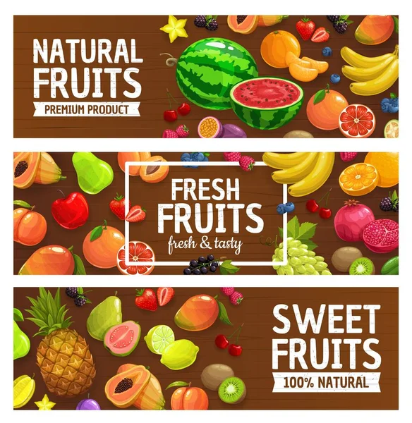 Fruits Frais Baies Sur Fond Bois Bannières Vectorielles Pomme Ferme — Image vectorielle
