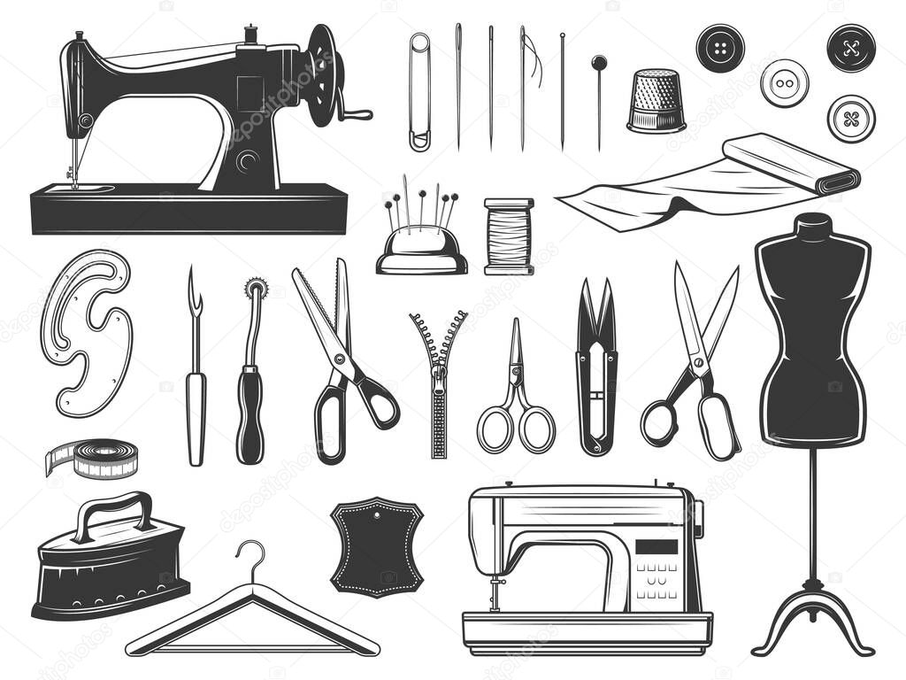 Tailor and seamstress tools, sewing equipment set. Retro and modern sewing machine, tailor and embroidery scissors, thread nipper, pinking shears and tracing wheel, needles and pins, dress form vector