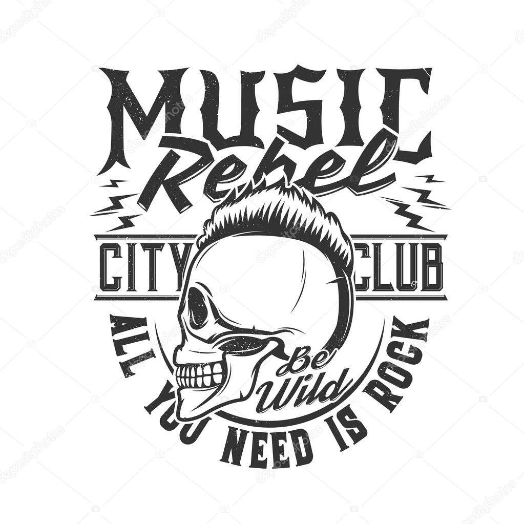 Tshirt print skull with punk hairstyle mascot for apparel vector design. T shirt print for hard rock city club with typography rebel music. Emblem for rock concert and heavy metal band festival label