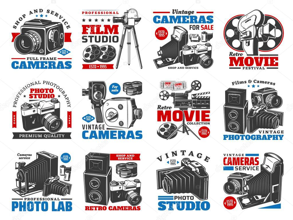 Vintage cameras for photo and video shooting. Vector retro cinema and movie studio equipment for sale. Photography laboratory and film making emblems, cinema tickets and camera isolated icons set