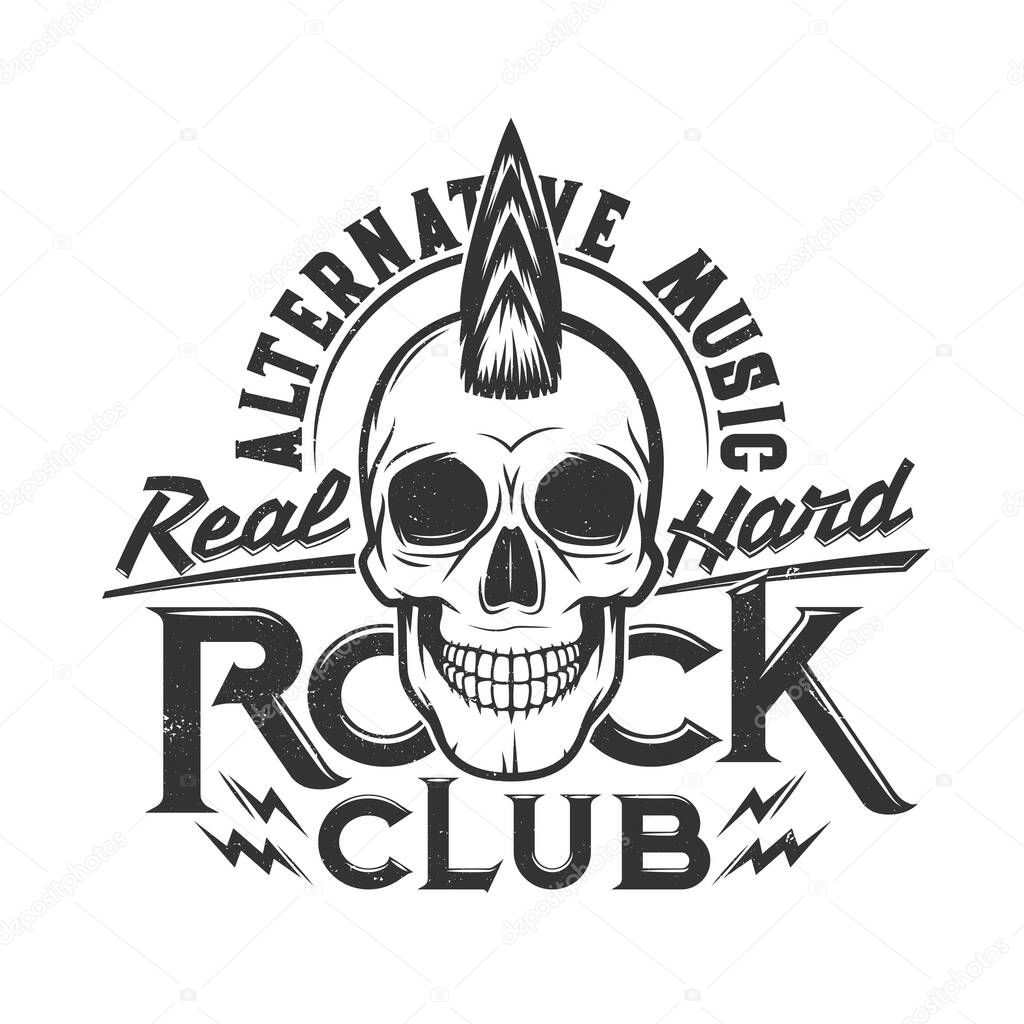 Tshirt print skull with punk hairstyle mascot for apparel vector design. T shirt print for hard rock club with typography alternative music. Emblem for rock concert and heavy metal band festival label