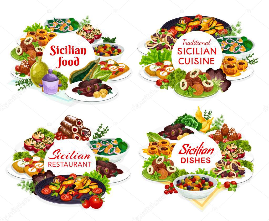 sicilian meals vector arancini, stuffed tomatoes, caciovallo, cannoli, caponata, chops with pesto sauce. Rolls of beef, pasta alla norma, baked peaches, mussels in tomato sauce or scaccia round frames
