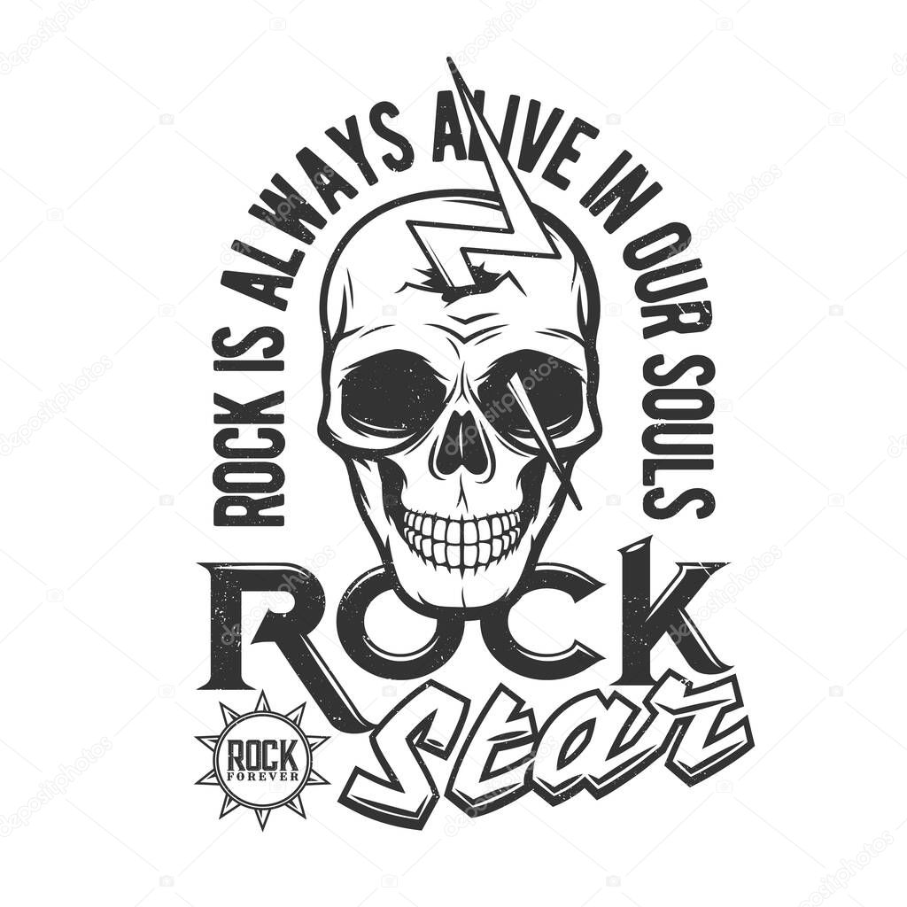 Tshirt print with skull pierced with bolt of lightning, mascot apparel vector design. T shirt print for hard rock club with typography, emblem for music concert and heavy metal band festival label