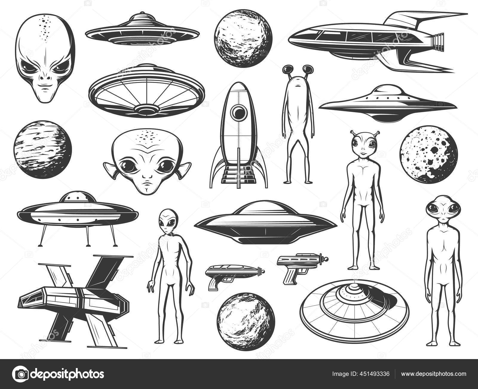 Vetores de Aliens E Ovnis Desenhados À Mão Espaçonaves Alienígenas