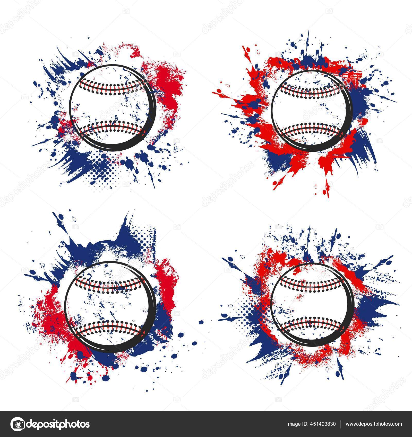 棒球磨球是矢量运动比赛或球队俱乐部设计的图标带有蓝色和红色半色调背景的带花边的皮球带有粉刷飞溅和刷子笔划, image size:1600x1700