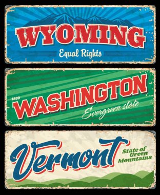 Washington, Vermont ve Wyoming Birleşik Devletler klasik tabelaları. Amerikan yeşili, eşitlik ve yeşil dağ devletleri ile turizm pankartları, grunge efektli retro kartpostallar